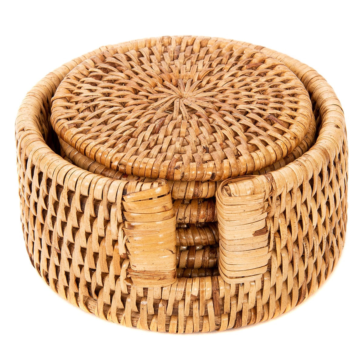 Artifacts Trading Company Rattan Round Coasters with Box Honey Brown